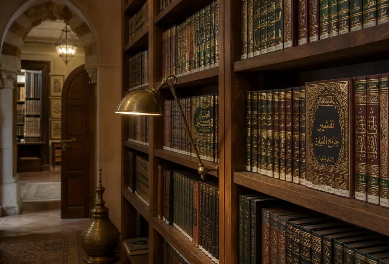مكتبة عربية بكتب جلدية ومصباح قراءة