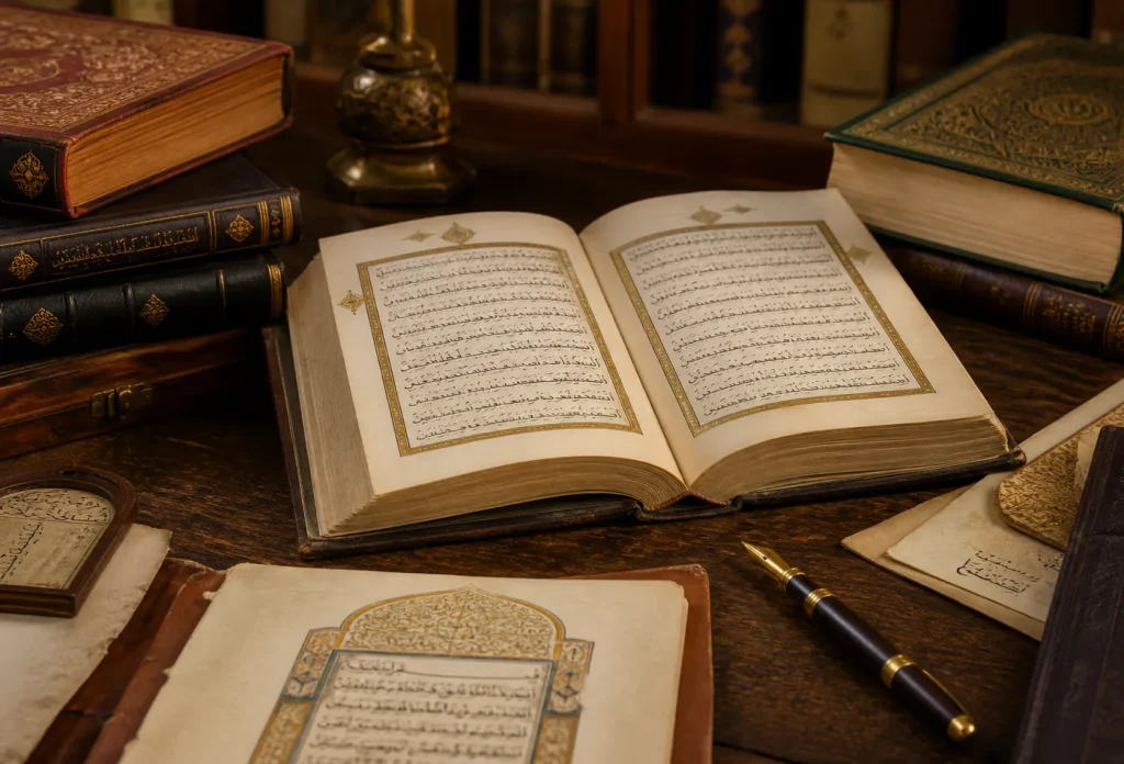 مخطوطات عربية وكتب مفتوحة على مكتب خشبي