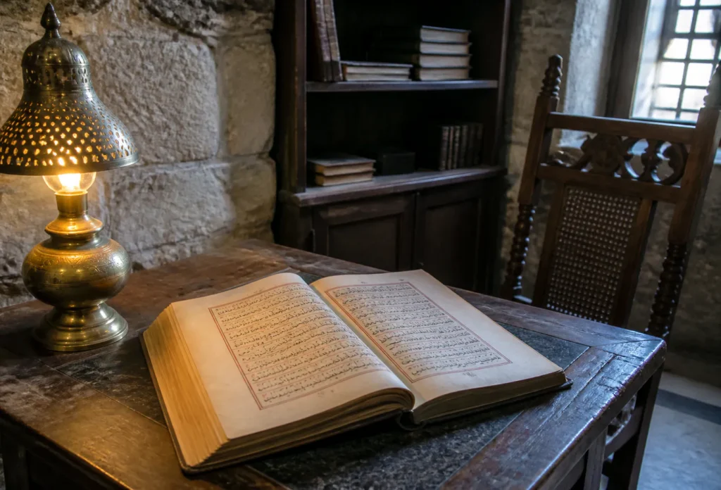 ركن قراءة هادئ مع مخطوط ومصباح